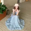 Conjunto de falda de dos piezas: Falda de tirantes azul con volantes, corte holgado, adecuada para vacaciones, algodón de ramio azul claro con abalorios