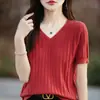 Estilo Novo de Verão Padrão Ondulado Algodão Puro Manga Curta Roupa Feminina, Simples e Estiloso Estilo Coreano Blusa de Tricô Solta Gola V