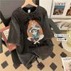 Camiseta de manga corta con cuello de bolsa de algodón puro y estampado de dibujos animados para hombre y mujer, de verano, holgada, lavable, estilo urbano, combinable con todo, de manga media.