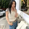 Top de Punto Coreano INS con Temperamento Estilo Perezoso de Cuello V Hueco de Manga Corta