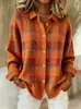 Camisa suéter cardigan de manga comprida com gola xadrez casual soltinho feminino para outono e inverno, site independente da Amazon transfronteiriço europeu e americano