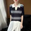 Camiseta de Punto con Cuello Campana a Rayas de Color Contrastante Estilo Coreano de Seda de Hielo para Mujer, Manga Corta, Holgada, Adelgazante, Suéter