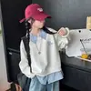 Nueva Sudadera de Otoño e Invierno para Niñas Estilo Universitario Cuello Polo, Moda Coreana Rayas Patchwork Falso Dos Piezas Top de Manga Larga