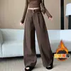 Calça Larga de Lã Retrô com Forro de Fleece Quente, Estilo Cimitarra, Cintura Alta, Solta, Moda Casual, Outono/Inverno 2025