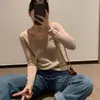 Camiseta de Malha Básica Feminina Gola Redonda Fina Slim Fit Versátil Suéter Pulôver de Lã Manga Longa Elegante Nicho