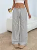 Pantalones de Pierna Recta Rayados Nuevos Transfronterizos Europeos y Americanos 2025 Casual Versátil Corbata Moda Sueltos de Pierna Ancha Mujer