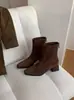 Botas curtas elásticas de veludo marrom retrô opcionais de 4-7CM para mulheres, bico quadrado, salto grosso, emagrecedoras, de cano médio, botas justas, para o trabalho,