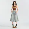 Jeans cropped de perna larga azul claro Feminino 2025 Primavera e Verão Novo Rasgado Slim Solto Calças