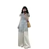 Conjunto Combinando Super Quente de Verão para Mulheres Plus Size Novo Estilo Chinês Cheongsam Modificado Azul Claro Calças Brancas de Perna Larga