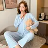 Pijama de Primavera y Otoño 2022 para Mujer, Conjunto de Ropa para el Hogar Dulce Estilo Coreano de Dibujos Animados, Cardigan con Botones, Pantalones Largos y Camiseta