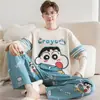 Pijama para Hombre Manga Larga Algodón Puro Primavera y Otoño Delgado Estudiante Joven Dibujos Animados Ropa de Casa Holgado Tallas Grandes Traje