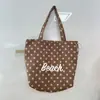 Bolsa de Hombro Tipo Tote Retro Coreano con Lunares, Gran Capacidad, Cierre de Cordón, Bolso de Lona Informal con Estampado de Letras, Bolsa de Compras con Cierre de Cordón