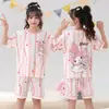 Pijama Infantil para Meninas 2026 Novo Estilo Verão Algodão Imitado Fino Manga Curta Shorts Roupas de Casa Infantis Tamanho Médio e Grande Estilo Verão