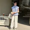 Conjunto de Camisa Sem Manga com Gola para Meninas e Calça Wide Leg Novo Roupa Infantil Conjunto de Duas Peças Tendência Calça Cropped para Meninas
