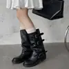Botas de Cano Médio com Fivela de Cinto para Outono e Inverno para Mulheres, Botas de Equitação de Salto Grosso, Botas Western Cowboy Versáteis para Emagrecer, de Calçar Rápido para Mulheres