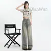 Jeans Retro de Pierna Ancha Estilo Americano para Mujer Primavera Cintura Alta Diseño de Nicho Sentido Sueltos Rectos Caídos Pantalones