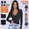 Top de manga larga de encaje con escote en V para mujer, de otoño temprano, puro deseo, corte ajustado, elástico, que expone la cintura, capa base sexy para ropa de abrigo