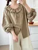 Roupas de Outono Novas 2025 Estilo Japonês Casual Solta Tamanho Grande Feminino Cadarço Borda Crua Gola Boneca Camisa Tops Femininos