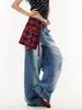 Jeans Desconstruído Xadrez Retro Americano Lavado para Mulheres Primavera e Outono 2025 Novo Cleanfit Calças de Perna Larga Scimitar