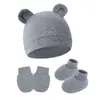 Estilo Comércio Exterior Chapéu Pulôver Liso para Bebê com Orelhas Conjunto de 3 Peças de Chapéu Luvas Botinhas para Recém-Nascido 0-6 Meses
