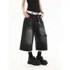 Shorts Jeans Cropped Reto Rasgado Preto de Tamanho Grande Europeu e Americano para Mulheres Verão Novo Design Largo de Perna Larga Meia-Calça
