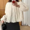 Camisa de otoño de alta gama para mujer, estilo coreano Dongdaemun, nueva, dulce, con cuello alto, borlas resistentes, manga larga tipo linterna para mujer