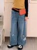 Jeans para Niña Otoño Nuevo Estilo Pantalones Blancos de Pierna Ancha Lavado a la Piedra para Niños Mayores con Bordado de Lazo y Cuentas