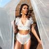 Comercio exterior transfronterizo lencería sexy Europa y Estados Unidos mujeres sexys encaje ganchillo costura encaje conjunto de tres piezas Venta al por mayor