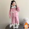 Conjunto de Fleece para Meninas Outono e Inverno 2025 Novo Moletom Infantil Casual Espessado Conjunto de Duas Peças Roupa de Inverno para Bebê