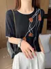 Camiseta Versátil para Mujer de Primavera y Verano con Estampado Floral de Lyocell Tencel, Cuello Redondo, Manga Corta, Estilo Pastoral Simple