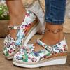 Zapatos de Moda Gruesos Europeos y Americanos de Comercio Exterior Transfronterizo para Mujer Talla Grande Estilo Étnico Tacón de Cuña Floral Zapatos con Hebilla