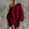 En Stock 2026 Ropa de Mujer Europea y Americana Transfronteriza Verano Nuevo Color Sólido Adorno de Encaje Hombros Descubiertos Manga Larga Vestido Casual