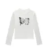 Camiseta Base Manga Longa com Gola Redonda e Ombro Reto para Mulheres, Nova Moda para Início de Primavera e Outono, Top Slim Fit com Design Exclusivo de Borboleta