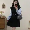 Vestido Midi de Manga Comprida com Patchwork Colorido para Primavera e Outono, Estilo Executivo, Falso Duas Peças, Esconde a Barriga, Emagrecimento, Marcação da Cintura, Corte Evasê