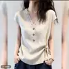 Nuevo Top de Moda con Escote en V, Encaje Patchwork, Manga Corta, Corte Ajustado, Adecuado para Ropa de Trabajo, Camisa de Lujo de Alta Gama