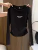 Camiseta de algodón puro de cuello redondo y manga larga para mujer, corte ajustado, elegante, inspirada en Instagram, adelgazante, top de capa interior, nueva colección de otoño