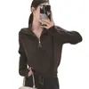 Suéter Feminino de Gola Alta com Meio Zíper, Estilo Relaxado e Confortável, para Outono e Inverno, Slim e Versátil, Manga Longa, Peça de Baixo em Tricô, Top de Tricô Quente