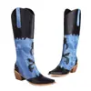 Tallas 34-43 Botas Vaqueras sin Cordones de Tacón Cuadrado Otoño e Invierno Punta Puntiaguda Tacón Alto Caña Alta Botas para Mujer Transfronterizas Talla Grande Casual Bloques de Color