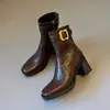 Botines de Piel Suave de Tacón Alto con Suela Gruesa para Mujer 2026 Otoño/Invierno Nuevos Botas Adelgazantes Puntera Cuadrada Retro Tacón Grueso Botas de Moda