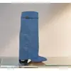 Botas femininas de comércio exterior transfronteiriço com bico fino, cano largo, fivela de metal reta, botas de comprimento médio, tamanho grande, salto grosso, botas femininas estilo calça