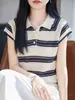 2026 Verano Nuevo Camisa de Punto con Cuello Polo de Tencel Lyocell Manga Corta Bloque de Color Rayas Top Holgado Camiseta
