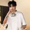 Camiseta de Manga Curta de Algodão Puro Pesado para Homens e Mulheres, Top Casual Soltinho de Meia Manga para o Verão, Camiseta de Gola Redonda com Bordado Estilo Americano