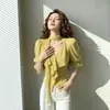 Blusa Amarilla de Gasa de Manga Corta para Mujer de Verano, Nuevo Estilo Francés, de Alta Gama, Muy Bonita, Top Fruncido que Ceñe la Cintura