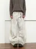 Jeans Blancos Sucios Lavados Retro de Nicho de la Calle Principal Americana Pantalones de Pierna Ancha con Diseño de Costura Deconstruida para Hombre