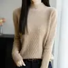 Suéter de Lana 100% Pura de Cuello Medio para Mujer, Tejido Jacquard de Diamantes, Suéter Holgado Cálido de Manga Larga, Prenda Base Superior