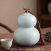 Pote de Cerâmica Azul-Céu em Formato de Cabaça com Padrão de Lótus, Forno Ru, Pote Selado Estilo Chinês, Pote de Chá, Pote de Remédios, Lembrança de Presente