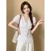 Camisa Corta de Encaje Hueco con Cuello en V y Mangas Abullonadas para Mujer Verano Diseño Francés Burgués Sentido de la Moda Cintura Ceñida Adelgazante Top Corto