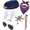 Cosplay de Aeromoça Mais Quente da Amazon Pronto para Baile de Máscaras Traje Pronto Peça Única Chapéu Óculos de Sol Lenço de Seda Broche