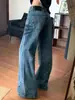 Calça Jeans Wide Leg Flare Cortada a Tesoura Cintura Baixa Estilo Retrô Americano Feminina Outono Novo Estilo Emagrecedora Solta Comprimento Total Longa
