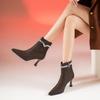 Y31282 Salto Alto Feminino Strass Estilete Bico Fino Botas de Tornozelo 2024 Outono e Inverno Nova Moda Botas Estilo Maduro Leve Botas de Tornozelo